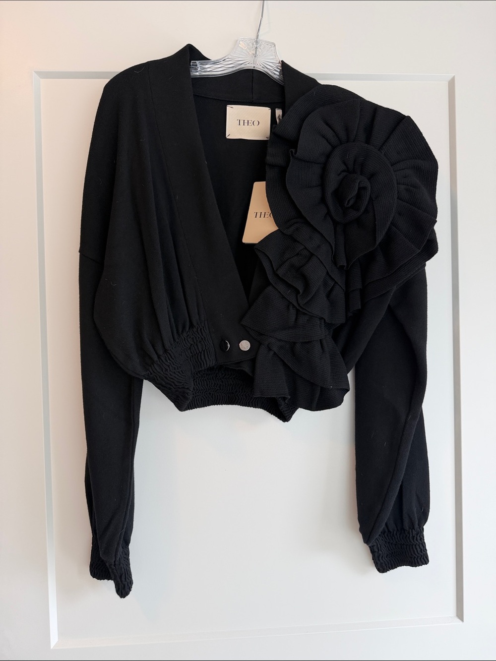 Theo Black Cropped Cardigan with Statement Ruffle